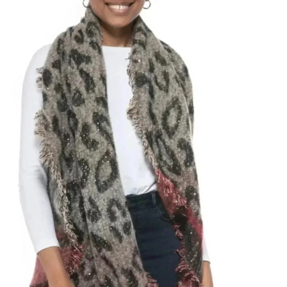 INC International Concepts Leopard Print Sequin Wrap Scarf Oat Black Red - Picture 3 of 10